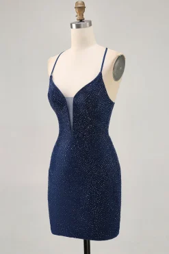 Azul escuro frisado espaguete alças bodycon homecoming vestido