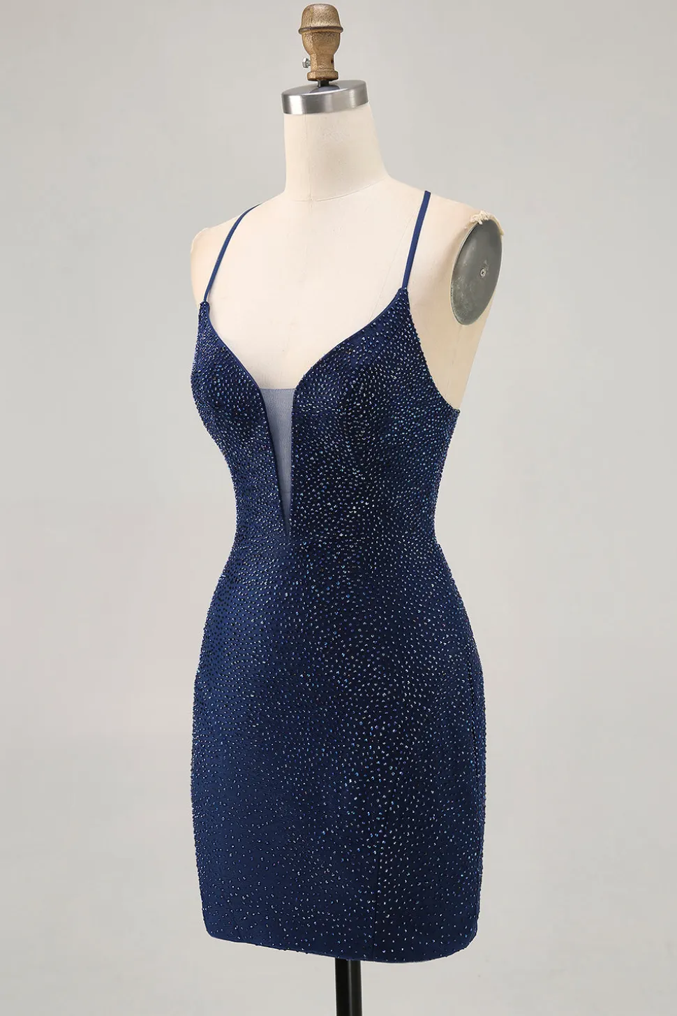 Azul escuro frisado espaguete alças bodycon homecoming vestido
