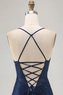 Azul escuro frisado espaguete alças bodycon homecoming vestido