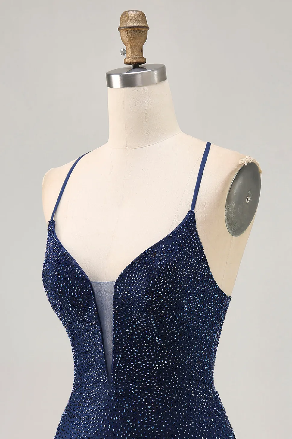 Azul escuro frisado espaguete alças bodycon homecoming vestido