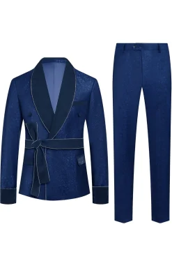 Azul escuro Jacquard xaile lapela 2 peças homens ternos de baile com cinto