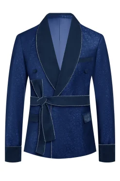 Azul escuro Jacquard xaile lapela 2 peças homens ternos de baile com cinto