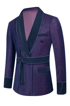 Azul escuro Jacquard xaile lapela 2 peças homens ternos de baile com cinto
