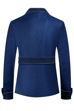 Azul escuro Jacquard xaile lapela 2 peças homens ternos de baile com cinto