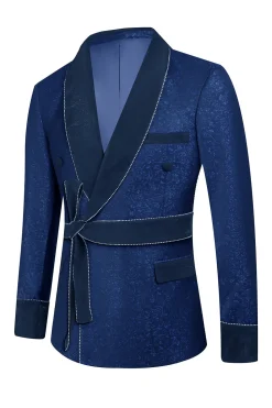 Azul escuro Jacquard xaile lapela 2 peças homens ternos de baile com cinto
