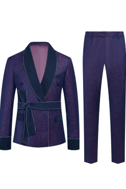 Azul escuro Jacquard xaile lapela 2 peças homens ternos de baile com cinto