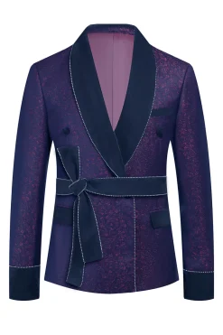 Azul escuro Jacquard xaile lapela 2 peças homens ternos de baile com cinto