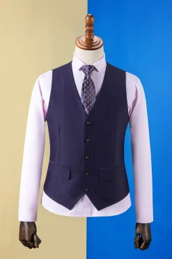 Azul Escuro Lapela Entalhada 3 Peças Terno Masculino