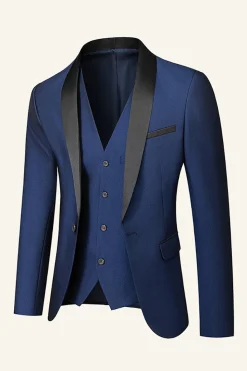 Azul Escuro Lapela Shawl 3 Peças Fato Masculino