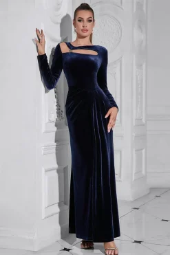 Azul escuro mangas compridas vestido de baile de veludo com fenda