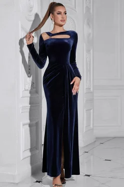 Azul escuro mangas compridas vestido de baile de veludo com fenda