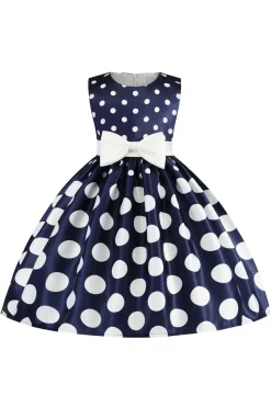 Azul Escuro Pontos de Polka Vestido das Meninas Com Laço