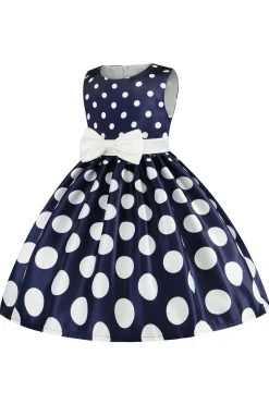 Azul Escuro Pontos de Polka Vestido das Meninas Com Laço
