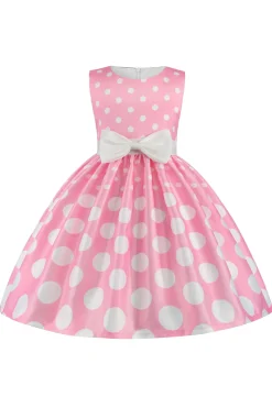 Azul Escuro Pontos de Polka Vestido das Meninas Com Laço