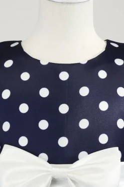 Azul Escuro Pontos de Polka Vestido das Meninas Com Laço