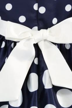 Azul Escuro Pontos de Polka Vestido das Meninas Com Laço