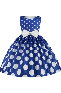 Azul Escuro Pontos de Polka Vestido das Meninas Com Laço