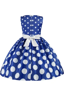 Azul Escuro Pontos de Polka Vestido das Meninas Com Laço