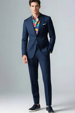 Azul escuro Slim Fit 2 peças ternos masculinos de peito único