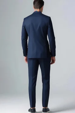 Azul escuro Slim Fit 2 peças ternos masculinos de peito único