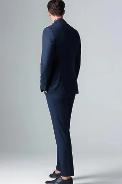 Azul escuro Slim Fit 2 peças ternos masculinos de peito único