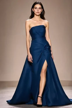 Azul escuro Strapless A-Line Ruched longo vestido de noite com fenda