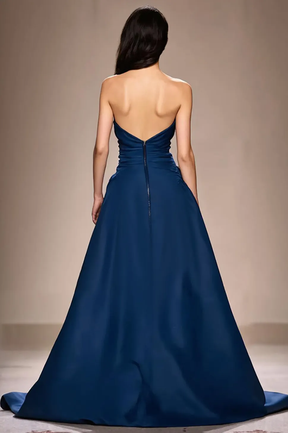 Azul escuro Strapless A-Line Ruched longo vestido de noite com fenda