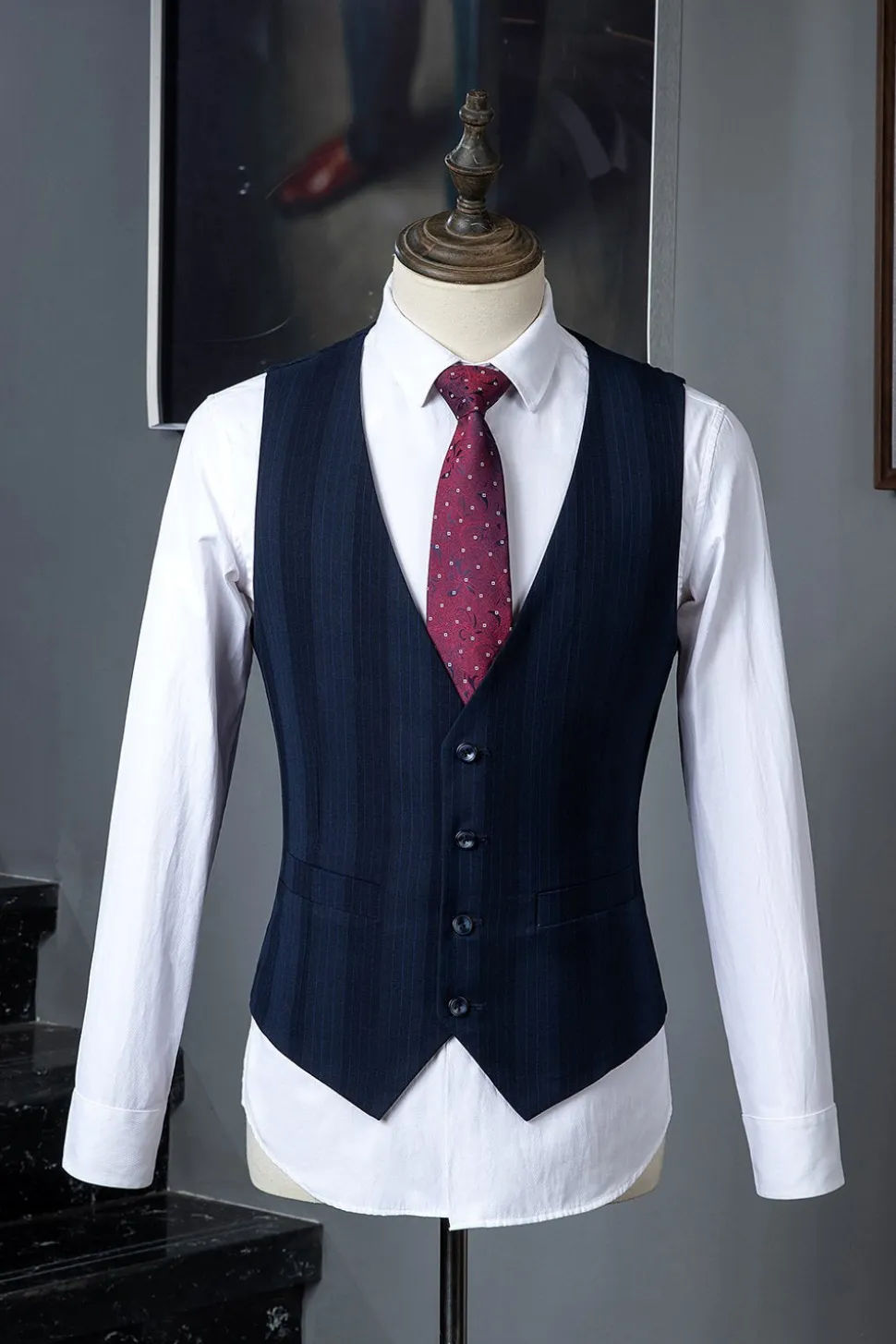 Azul Escuro Terno Masculino Duplo Peito 3 Peças