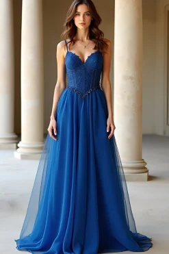 Azul escuro Uma linha de alças espaguete Organza Long Prom Dress