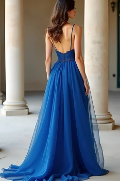 Azul escuro Uma linha de alças espaguete Organza Long Prom Dress