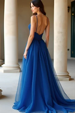 Azul escuro Uma linha de alças espaguete Organza Long Prom Dress