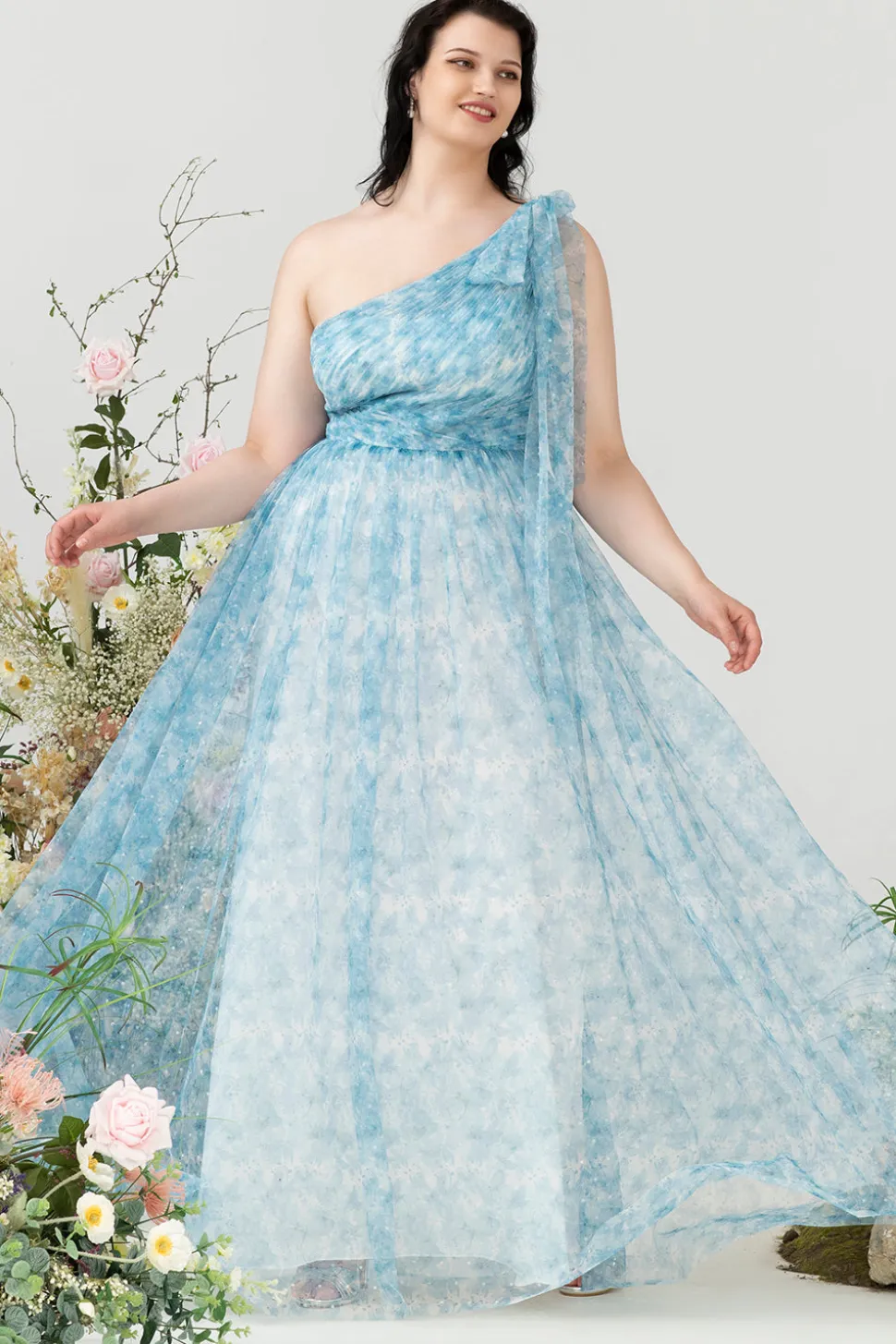 Azul Estampado Um Ombro Tamanho Grande Vestido de Festa