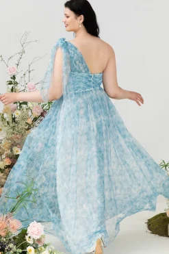 Azul Estampado Um Ombro Tamanho Grande Vestido de Festa