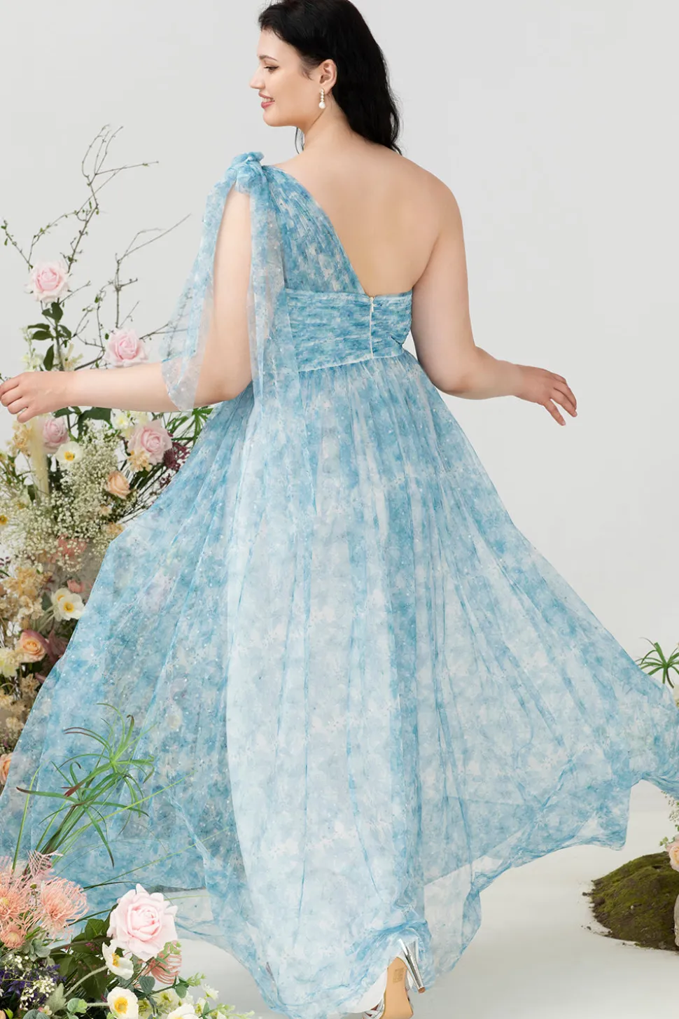 Azul Estampado Um Ombro Tamanho Grande Vestido de Festa