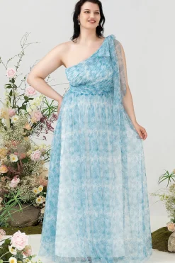 Azul Estampado Um Ombro Tamanho Grande Vestido de Festa
