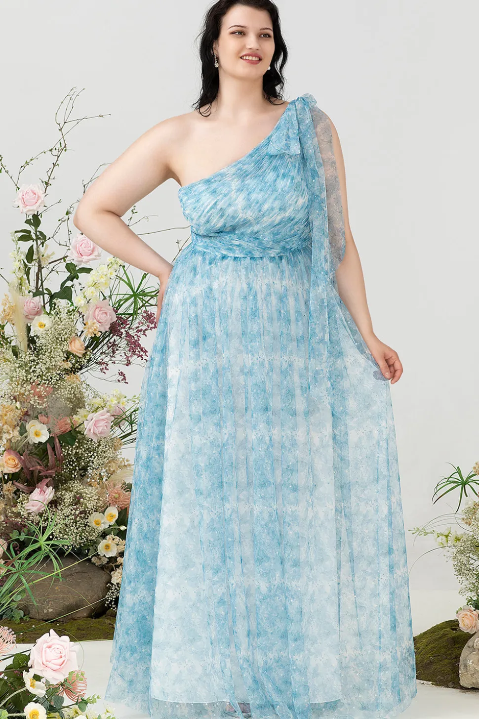 Azul Estampado Um Ombro Tamanho Grande Vestido de Festa