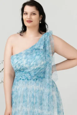 Azul Estampado Um Ombro Tamanho Grande Vestido de Festa