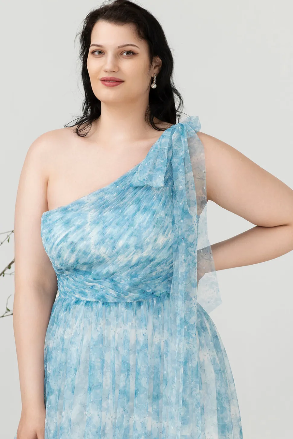 Azul Estampado Um Ombro Tamanho Grande Vestido de Festa