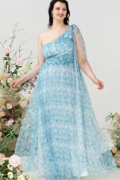 Azul Estampado Um Ombro Tamanho Grande Vestido de Festa