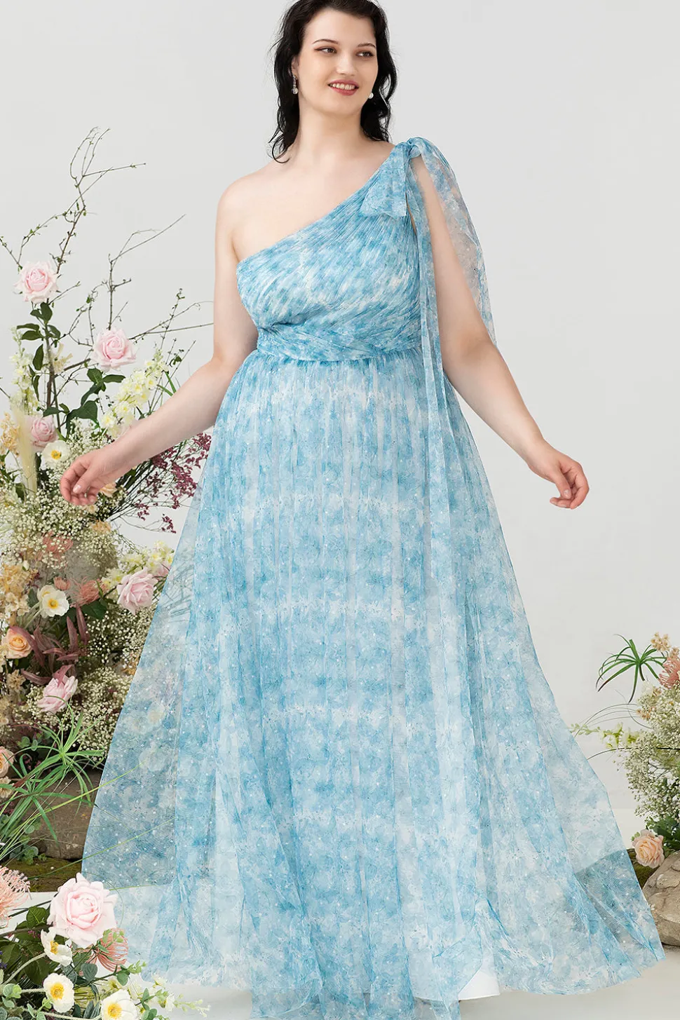 Azul Estampado Um Ombro Tamanho Grande Vestido de Festa