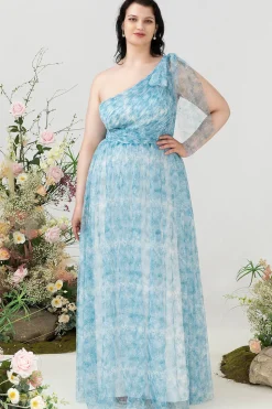 Azul Estampado Um Ombro Tamanho Grande Vestido de Festa