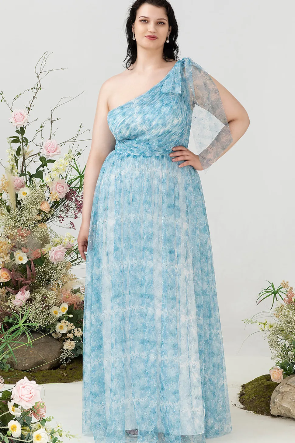 Azul Estampado Um Ombro Tamanho Grande Vestido de Festa