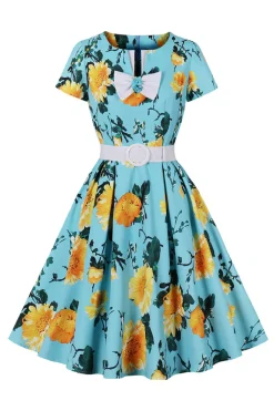 Azul Flor Estampado Mangas Curtas Vestido Vintage