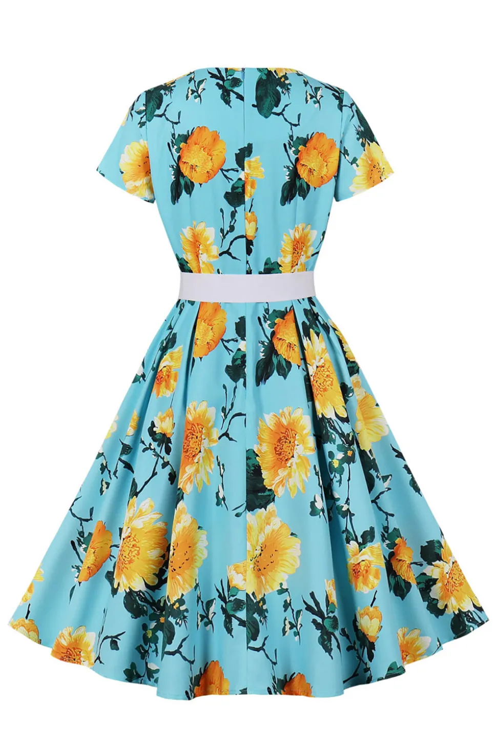 Azul Flor Estampado Mangas Curtas Vestido Vintage