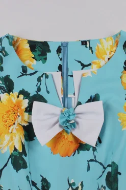 Azul Flor Estampado Mangas Curtas Vestido Vintage