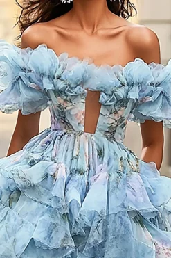 Azul Floral Fora do Ombro Uma Linha Vestido de Baile de Formatura com Babados