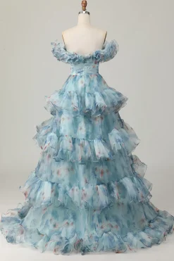 Azul Floral Fora do Ombro Uma Linha Vestido de Baile de Formatura com Babados