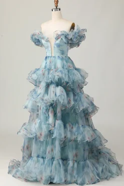 Azul Floral Fora do Ombro Uma Linha Vestido de Baile de Formatura com Babados