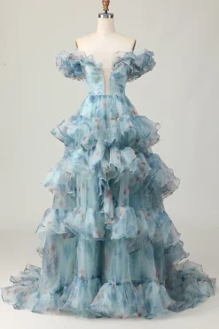 Azul Floral Uma Linha Fora do Ombro Vestido de Baile de Formatura com Babados
