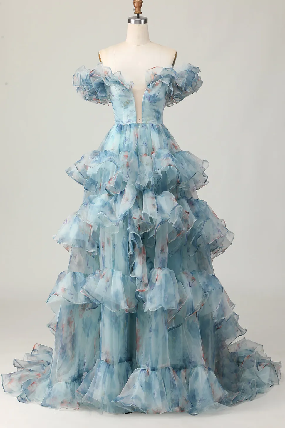 Azul Floral Uma Linha Fora do Ombro Vestido de Baile de Formatura com Babados